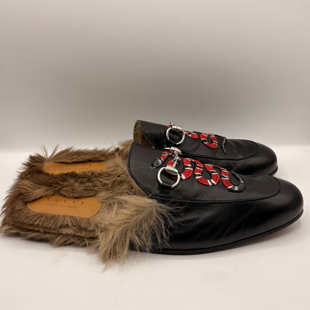 GUCCI Princetown Snake Fur Lined Mules Slides Black Leather Horsebit Sz 11 $995 - Picture 3 of 12